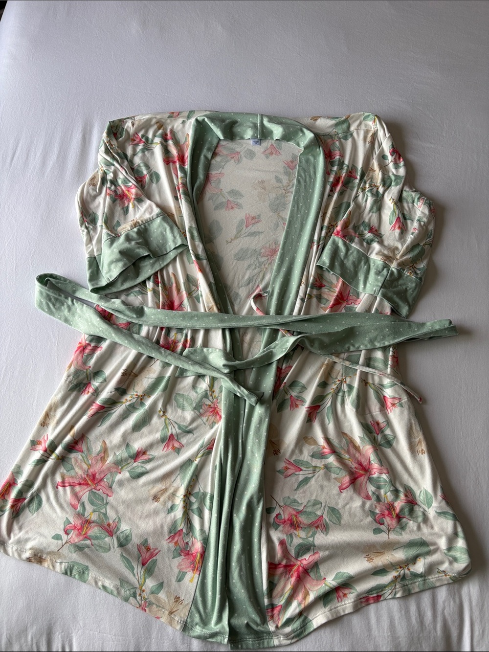Flora Nikrooz Cream Floral Short Robe with Sage Trim